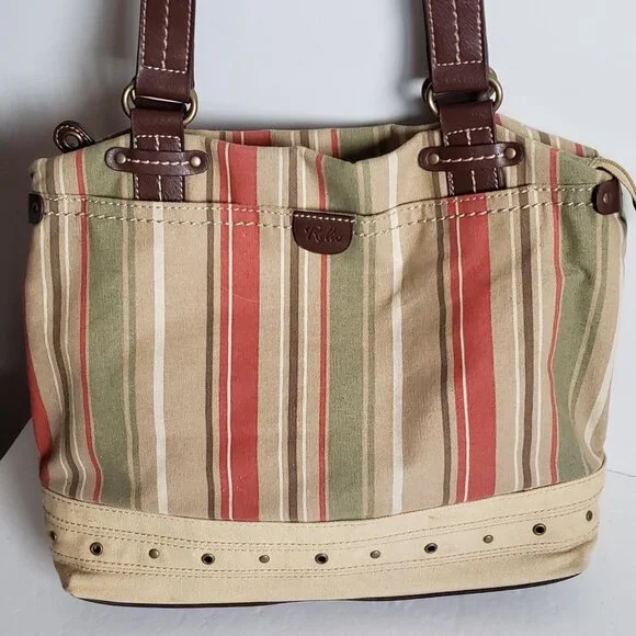Large RELIC by FOSSIL Canvas Handbag Utility Boho Stripe Olive Red Vintage - Picture 1 of 16